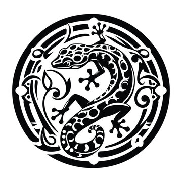 Gecko reptile with art nouveau decoration, stencil logo, black and white animal illustration