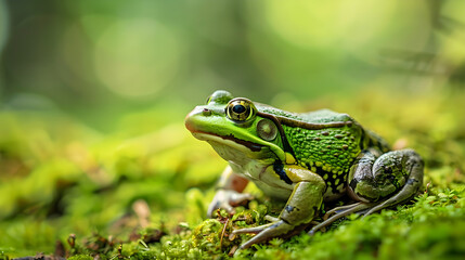 Obraz premium A vibrant green frog peacefully sits on lush forest green foliage in a natural habitat.
