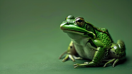 Obraz premium Vibrant green frog sits on soft green leaves, blending seamlessly into lush forest background.