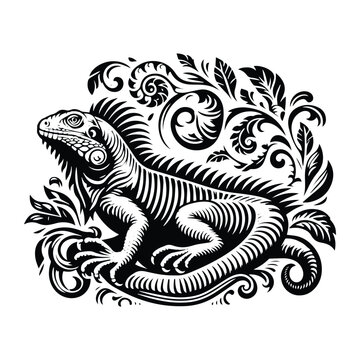 Iguana reptile with victorian flourish decoration, stencil logo, black and white animal illustration