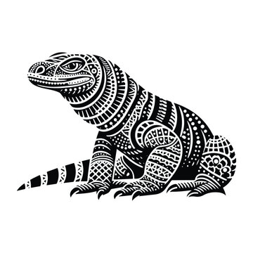 Komodo reptile in zentangle art, stencil logo, black and white animal illustration