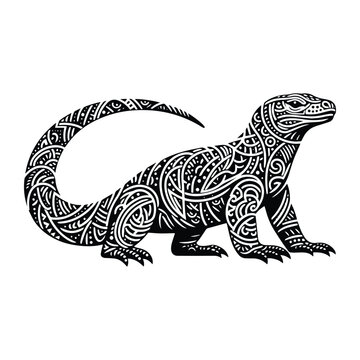 Komodo reptile in zentangle art, stencil logo, black and white animal illustration