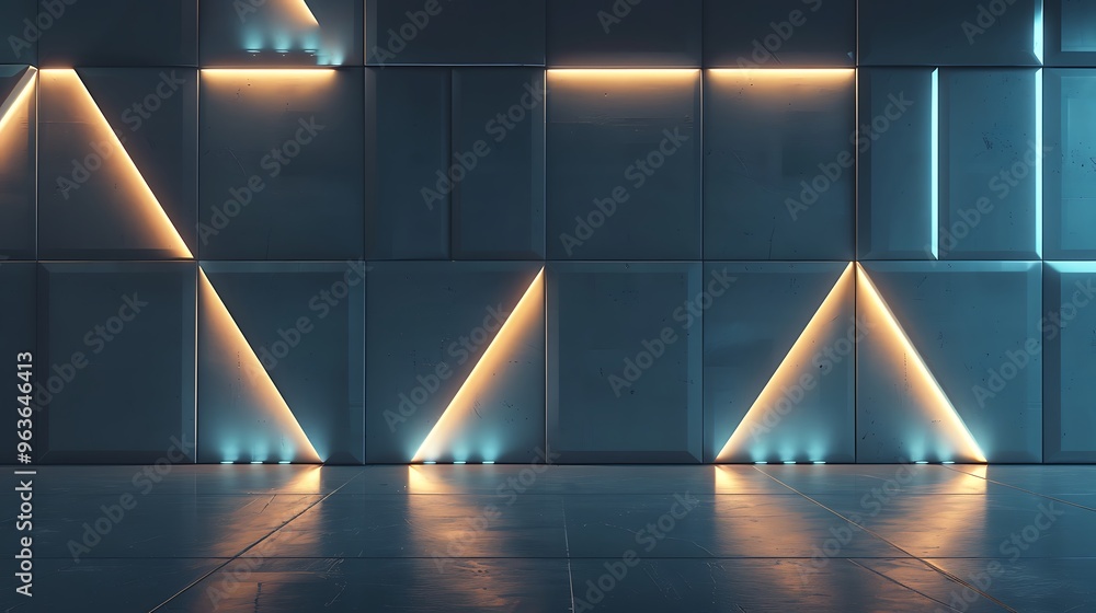 Poster A geometric wall illuminated by ambient lighting, creating a sleek and modern atmosphere. Ideal for futuristic architectural designs and tech-focused visuals