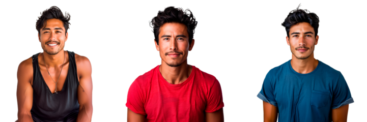 A set of male dancer isolated on white or transparent background. Close-up of Asian man in red, black and blue t-shirts looking at camera.