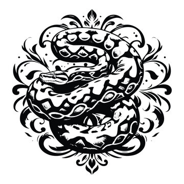 Python reptile with victorian flourish decoration, stencil logo, black and white animal illustration