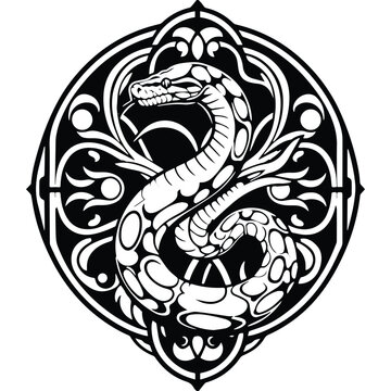 Python reptile with art nouveau decoration, stencil logo, black and white animal illustration