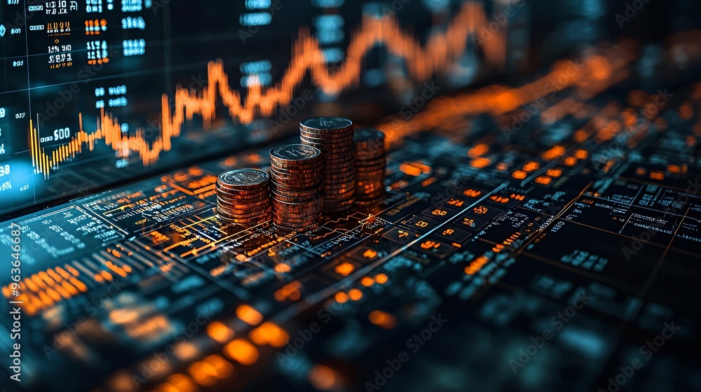 Poster stacks of golden coins on a digital screen display with stock market graphs and numbers.
