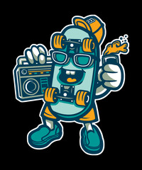 Naklejka premium Funny 90s, Boombox Skying vector art character graphic drawing illustration for stickers, streetwear, t-shirts, logos, print-on-demand, print, or branding