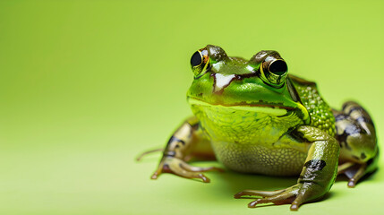 Obraz premium Vibrant green frog captured in minimalist style against lime green backdrop, creating eye-catching contrast.