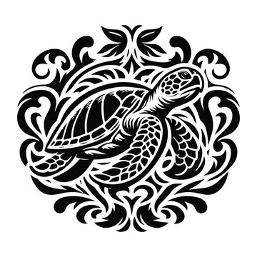 sea turtle reptile with victorian flourish decoration, stencil logo, black and white animal illustration