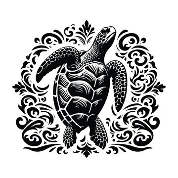 sea turtle reptile with victorian flourish decoration, stencil logo, black and white animal illustration