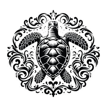 sea turtle reptile with victorian flourish decoration, stencil logo, black and white animal illustration