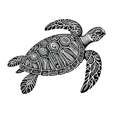 sea turtle reptile in zentangle art, stencil logo, black and white animal illustration