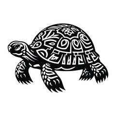 Fototapeta premium tortoise reptile with art nouveau decoration, stencil logo, black and white animal illustration