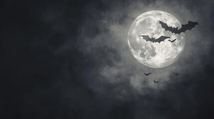 Chalkboard illustration of a full moon with bats flying across, with intricate chalk details, Halloween night