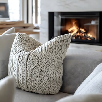 Warm winter comfort with a knitted plaid, a crocheted cushion and a blazing fireplace