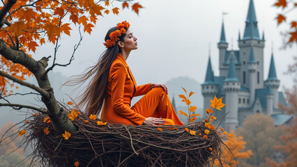 Fototapeta premium Elegant Woman in Orange Meditating in a Nest Overlooking a Fairy Tale Castle.