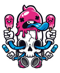Creepy Ice-cream Skull Halloween vector art character graphic drawing illustration for stickers, streetwear, t-shirts, logos, print-on-demand, print, or branding