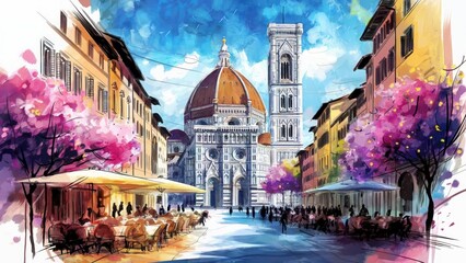 A picturesque Spring scene in Florence with iconic Duomo Cathedral, vivid flowers and bustling street cafes.jpeg