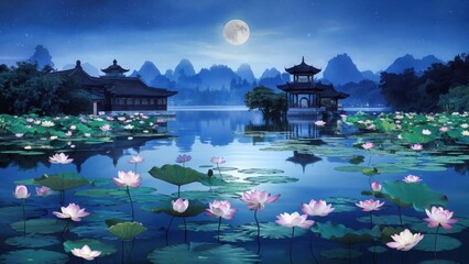 A serene nighttime scene of West Lake, tranquil waters are adorned with numerous lotus flowers in full bloom.jpeg
