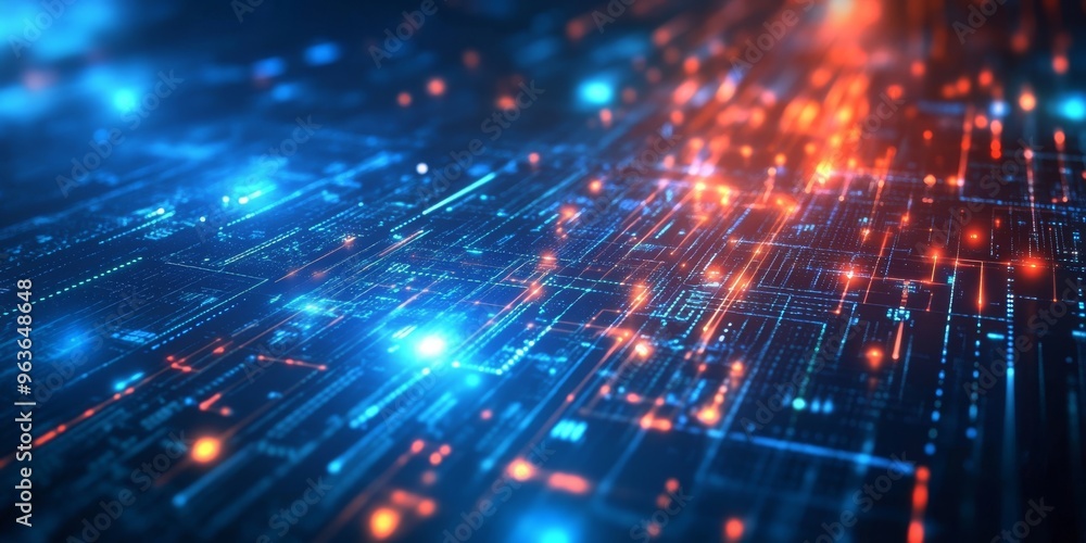 Poster an abstract and visually captivating representation of a digital futuristic network, prominently fea