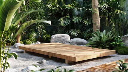 Obraz premium Natural Pine Wood Podium in Garden Setting with Green Plants: Organic Product Display in Forest-inspired Design