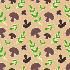 Cartoon seamless pattern with brown mushrooms and green leaves on yellow background.