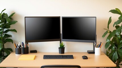 A modern desk setup with dual monitors and office supplies, high-tech productivity, organized workspace