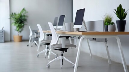 A modern office setup with ergonomic furniture, minimalist decor, comfort and efficiency