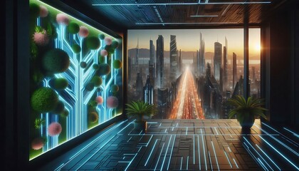 Futuristic cityscape with vertical garden and glowing architecture