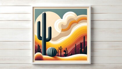 Framed abstract desert landscape with cacti and flowing clouds