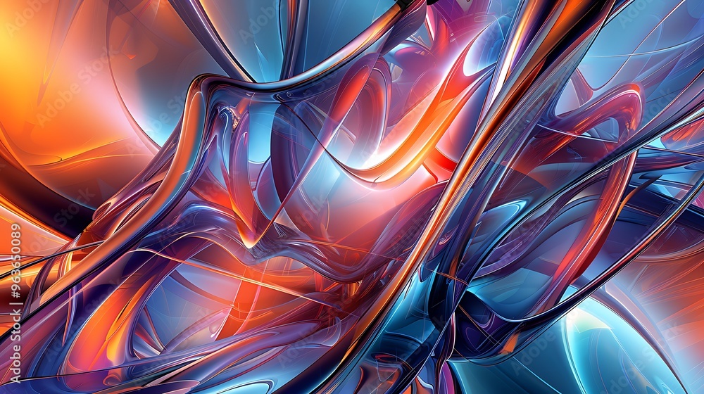 Poster abstract design with sleek metallic elements intricately intertwined, featuring vibrant colors and d