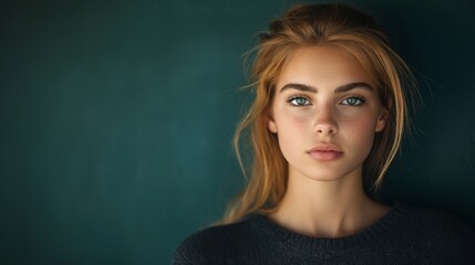 Obraz premium A young Caucasian woman with long blonde hair, wearing a black sweater, looks serious against a dark teal background