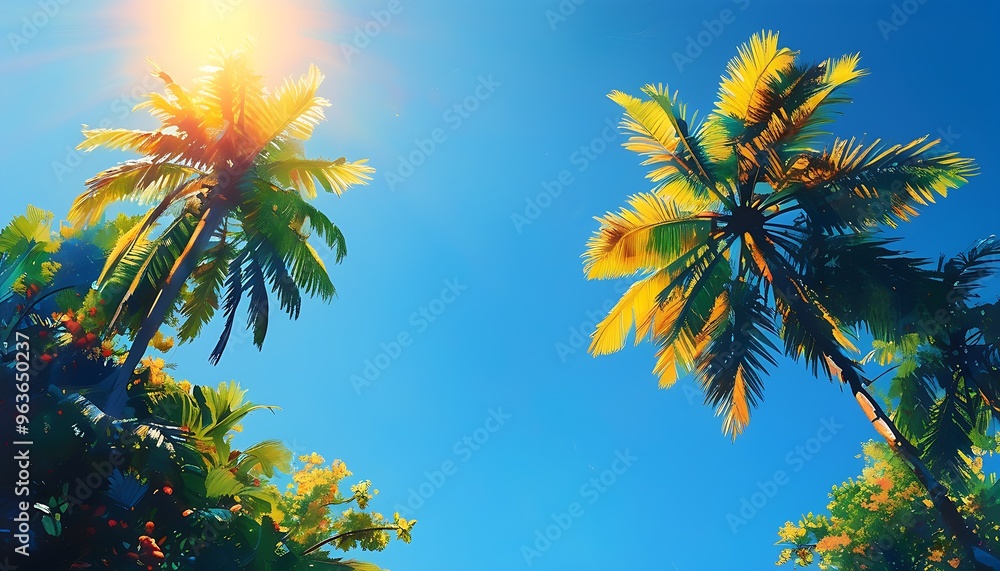 Sticker tropical trees in the sun blend with the bright blue sky, showing the tranquility and beauty of natu