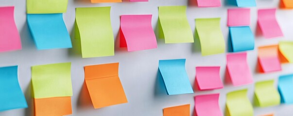 Assorted sticky notes in various colors on a whiteboard, idea management, collaborative work setting