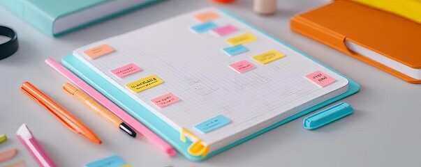 Close-up of a bullet journal with stickers and highlighters, creative planning tools, personal productivity