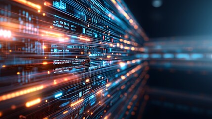 Abstract digital background with blue and orange glowing lines and data.