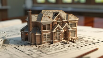 Miniature House Model on Blueprint