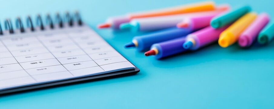 Close-up of a digital calendar with colorful markers, time management tools, organized planning