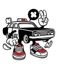 Quirky police car vector art character graphic drawing illustration for stickers, streetwear, t-shirts, logos, print-on-demand, print, or branding