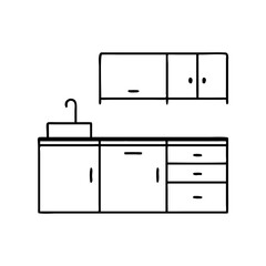 Minimalist kitchen icon, black and white line drawing, modern cooking space concept with copy space