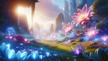 Obraz premium Fantasy landscape with glowing flowers, mystical mountains, and ethereal light at sunset 