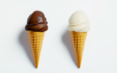 3D rendering of a blank white and brown ice cream cone mockup set, isolated. Side view of empty vanilla and chocolate gelato packaging mockup. Clear conic design with tasty ice cream template and waff