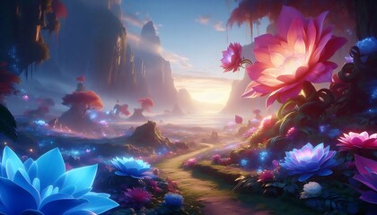 Magical fantasy landscape with glowing lotus flowers and mystical sunset in an ethereal valley
