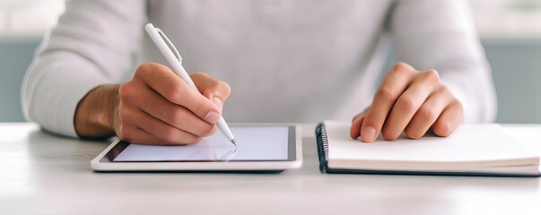 Close-up of hands using a digital tablet and a notebook, hybrid creativity, tech-savvy work environment