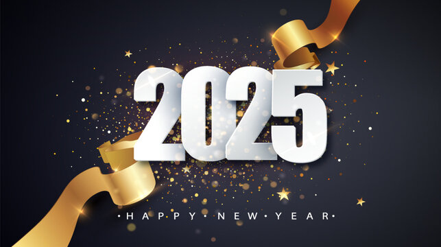 2025 Happy New Year vector background with golden gift ribbon, confetti, white numbers.