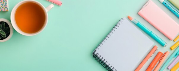 Creative flat lay of notebooks, markers, and a cup of tea, study and creative supplies, inspiring layout
