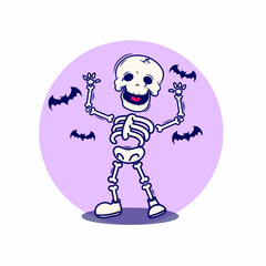 Cartoon Happiness expression of skeleton Halloween with bat's. Element and decoration for Halloween. Skeleton Halloween on white board.