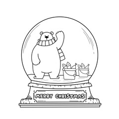 Coloring page Christmas Snow globe with cute bear happy with two fish. Coloring book Christmas. Coloring page vector Christmas. 