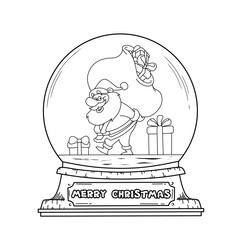 Coloring page Christmas Snow globe with happy santa with gift bag. Coloring book Christmas. Coloring page vector Christmas. 